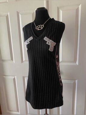 Y2k SoCal Black & Pink Pinstriped Jersey Dress with Glock Design
